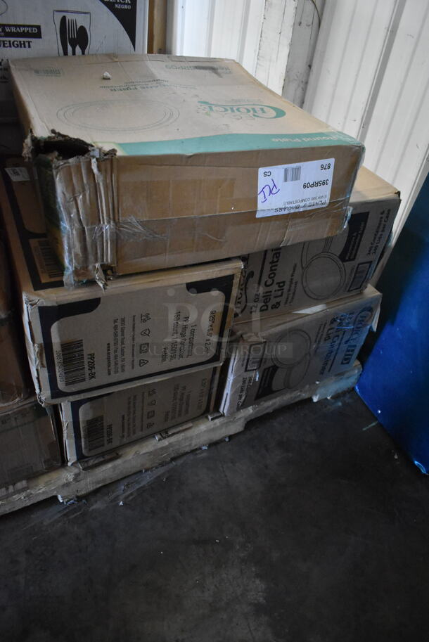 PALLET LOT of 18 BRAND NEW! Boxes Including 5002TPJ Lavex 2-Ply Jumbo Toilet Paper Roll with 9" Diameter, 720 Feet / Roll - 12/Case, 395TO993PF EcoChoice 9" x 9" x 3" Compostable Sugarcane / Bagasse 3 Compartment Takeout Container - 200/Case, 2 Box 395TO881 EcoChoice 8" x 8" x 3" Compostable Sugarcane / Bagasse 1 Compartment Take-Out Box - 200/Case, 130BKFSH Visions Wrapped Black Heavy Weight Plastic Cutlery Pack, 2 Box Lavex White M-Fold (Multifold) Towel - 4000/Case,  2 Box PP206-BK Hinge Containers, ChoiceHD 12 oz. Microwavable Translucent Plastic Deli Container and Lid Combo Pack - 240/Case. 18 Times Your Bid! - Image 4 of 6