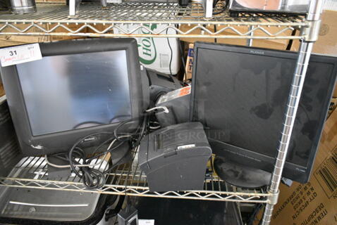 Radiant POS Monitor, Planar Monitor, 2 Receipt Printers, Uninterruptible Power Supply, HP Printer, Receipt Printer Paper Rolls. 