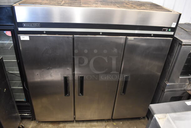 Maxx Cold MXCR-72FD Commercial Stainless Steel Three Solid Door Reach In Cooler With Polycoated Shelves. 115V, 1 Phase. Tested and Working! - Image 1 of 7