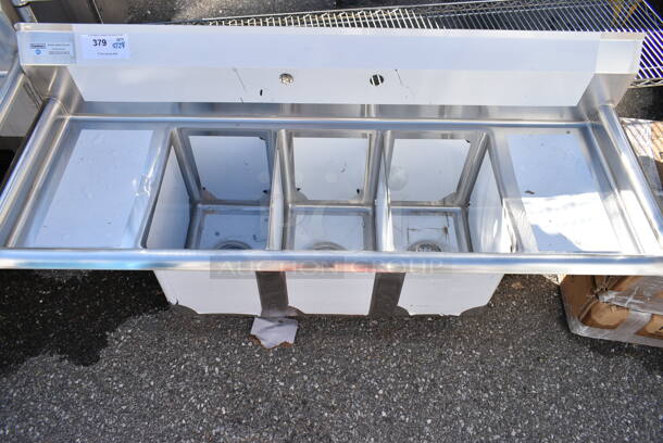 BRAND NEW SCRATCH AND DENT! Steelton 522CS11818N Stainless Steel Commercial  54" 18-Gauge Three Compartment Commercial Sink with 2 Drainboards - 10" x 14" x 12" Bowls. No Legs. - Image 2 of 9