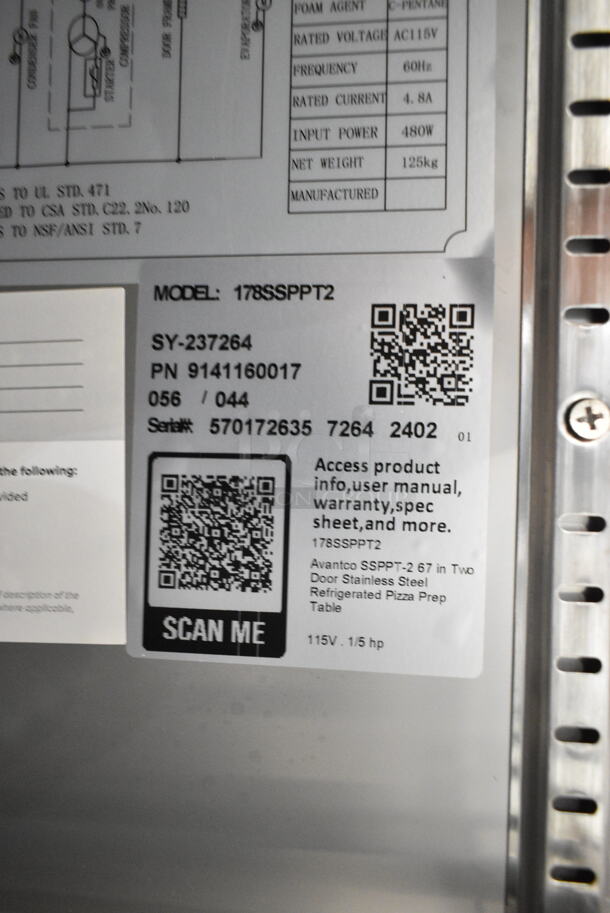 BRAND NEW SCRATCH AND DENT! 2024 Avantco 178SSPPT2 Stainless Steel Commercial Prep Table w/ Over Sized Cutting Board and 2 Drawers. Missing Door. 115 Volts, 1 Phase. Tested and Powers On But Does Not Get Cold  - Image 8 of 8