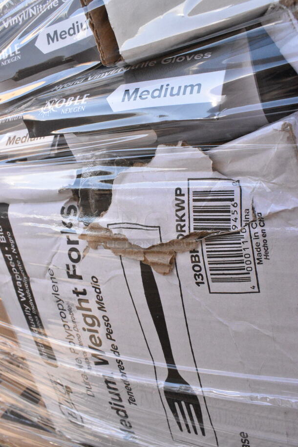 31 BRAND NEW Boxes Including 2 Box 500LFLAT32 Clear Plastic Flat Lid with Straw Slot, 130BFORKWP Choice Individually Wrapped Medium Weight Black Plastic Fork - 1000/Case, 2 Box 5A01436 Items, 795KF44RNPE Choice 44 oz. Round Kraft PE-Lined Microwavable Take-Out Container 7 5/16" x 2 5/8" - 300/Case, 5002WRAPNAPN EcoChoice WrapNap 2-Ply Natural Kraft 1/4 Fold Dinner Napkin 16" x 16", Dart 85MFPPHT1 ProPlanet 8 5/16" x 8" x 3" White Mineral-Filled 1 Compartment Hinged Lid Takeout Container - 150/Case, 5002DNAP Choice 15" x 17" Black Customizable 2-Ply Paper Dinner Napkin - 1000/Case, 394365L Noble Products Powder-Free Disposable Clear Vinyl Gloves for Foodservice - Large - 1000/Case, 394365XL Noble Products Powder-Free Disposable Clear Vinyl Gloves for Foodservice - Extra Large - 1000/Case, 502386022CL Lavex 55-60 Gallon 22 Micron 38" x 60" High Density Janitorial Can Liner / Trash Bag - 150/Case, 130WSSPOON Choice Medium Weight White Plastic Soup Spoon, 500MF883B1C Choice -Compartment Microwaveable Black Take-Out Container, 130BPLAKFNWP EcoChoice Wrapped Heavy Weight 6 1/2" Black CPLA Knife, Fork, and Napkin - 250/Case, 500LFLAT Choice Clear Flat Lid with Straw Slot - 9, 12, 16, 20, and 24 oz. - 1000/Case, 500CTOUT96P Choice 96 oz. Beverage Take-Out Container with Coffee To-Go Print - 25/Case, 130WFORK Choice Individually Wrapped Medium Weight White Plastic Fork. 31 Times Your Bid!  - Image 3 of 12