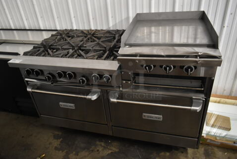 BRAND NEW SCRATCH AND DENT! Garland SunFire G60-6R24RR Stainless Steel Commercial Natural Gas Powered 6 Burner Range w/ Right Side Flat Top Griddle and 2 Ovens.