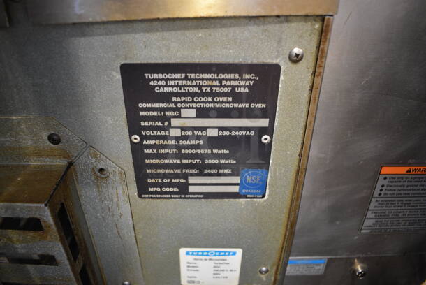 Turbochef Model NGC Stainless Steel Commercial Countertop Electric Powered Rapid Cook Oven. 208/230-240 Volts, 1 Phase. 26x26x20 - Image 6 of 6