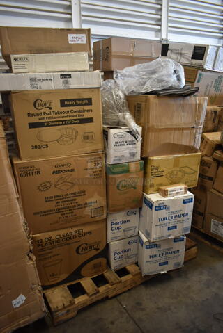 PALLET LOT of 35 BRAND NEW! Boxes Including 2 Box 5002TPSELHC Lavex Select Toilet Paper, 2 Choice 0.75 oz Portion Cups, 500CC12 Choice Clear PET Customizable Plastic Cold Cup - 12 oz. - 1000/Case, Foam Hinged Lid Containers, 612509LCO Choice 9" Round Standard Weight Foil Take-Out Pan with Board Lid - 200/Case, 130HKCL1M Visions Clear Heavy Weight Plastic Knife - Case of 1000, 395TO961 EcoChoice 9" x 6" x 3" Compostable Sugarcane / Bagasse 1 Compartment Take-Out Container - 200/Case, 124EM199 American Metalcraft 1" Stainless Steel Number Mini Table Tents - 1 to 99, Choice Flat Lid Hinged Deli Container, 1330DSSUF Plastic Deli Saddle Bag, Ziploc Sacs. 35 Times Your Bid!