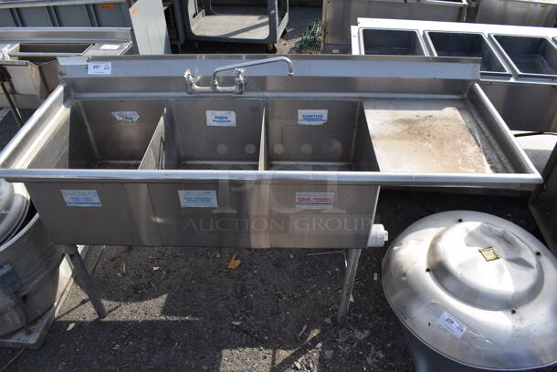 Stainless Steel 3 Bay Sink w/ Right Side Drainboard and Faucet. 15.5x21 Bays, 18x23.5 Drainboard