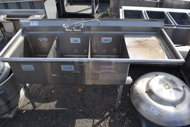 Stainless Steel 3 Bay Sink w/ Right Side Drainboard and Faucet. 15.5x21 Bays, 18x23.5 Drainboard - Image 1 of 4