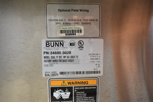 Bunn DUAL TF DBC Stainless Steel Commercial Countertop Double Coffee Machine w/ Hot Water Dispenser and 2 Metal Brew Baskets. 120/208-240 Volts, 1 Phase.  - Image 8 of 8