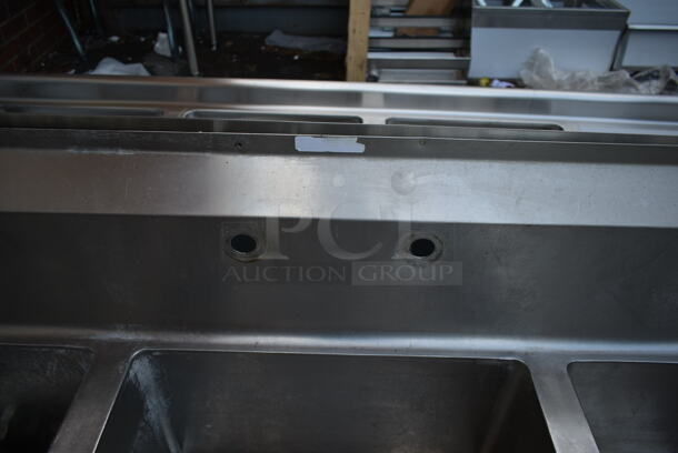 Stainless Steel Commercial 3 Bay Sink w/ Dual Drain Boards, Handles, Faucet and Spray Nozzle Attachment. No Legs. Bays 20x28. Drain Boards 18.5x20 - Image 5 of 6