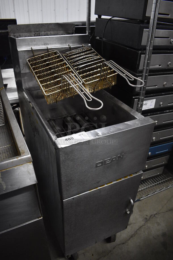 Dean Model SM150GN Stainless Steel Commercial Floor Style Natural Gas Powered Deep Fat Fryer w/ 2 Baskets on Commercial Casters. 120,000 BTU. 15.5x30x47 - Image 2 of 6