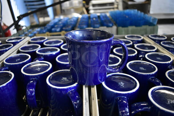 ALL ONE MONEY! Lot of 101 Blue Ceramic Mugs in 8 Poly Caddies. 5x3.5x3.5
