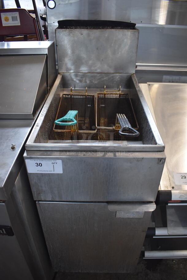 Stainless Steel Commercial Floor Style Natural Gas Powered Deep Fat Fryer w/ 2 Metal Fry Baskets. 16x32x46