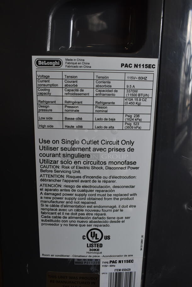 BRAND NEW SCRATCH AND DENT! Delonghi PAC N115EC 11,500 BTU Portable Air Conditioner 115 Volts, 1 Phase. Tested and Working! - Image 5 of 7