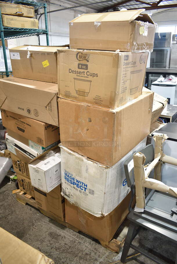 PALLET LOT of 22 BRAND NEW Boxes Including 2 Box 612LOB225LBC Choice 2.25 lb. Oblong Foil Take-Out Container with Board Lid - 250/Case, 128HD64LBULK ChoiceHD 64 oz. Microwavable Translucent Heavy Plastic Deli Lid - 100/Case, 119060 Resin Can Liners, 127RD16COMBO Choice 16 oz. Customizable Microwavable Clear Round Deli Container and Lid Combo Pack - 250/Case, 760PIC08 Choice 8 oz. Clear Plastic Dessert Cup - 1000/Case, 3 Box Choice Plastic T Shirt Bags. 22 Times Your Bid! - Image 1 of 12