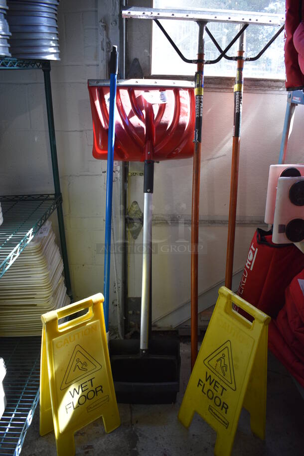ALL ONE MONEY! Lot of 2 Squeegees, Broom, Shovel and 2 Wet Floor Caution Signs.