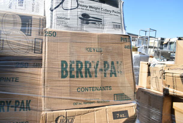 PALLET LOT of 27 BRAND NEW Boxes Including 612613245HD Choice Half Size Heavy-Duty Foil Steam Pan Deep 2 9/16" Depth - 100/Case, 130WSPOON Choice Medium Weight White Plastic Teaspoon - 1000/Case, 500CC32LEM Carnival King 32 oz. PET Lemonade Cup - 500/Case, 128HD8COMBO Choice Heavy Duty 8 oz. Microwavable Translucent Plastic Deli Container and Lid Combo Pack - 240/Case, 130WBKFORKH Choice Black Heavy Weight Wrapped Plastic Fork - 1000/Case, 130BKFKSNSPH Choice Black Heavy Weight Wrapped Plastic Cutlery Pack with Napkin and Salt and Pepper Packets - 500/Case, 500TW7 Choice 8" Clear Round Plastic Dome Lid - 500/Case, 2 Box 129MCS242CB Choice 30 oz. Black 8 3/4" x 6" x 2 3/4" 2-Compartment Rectangular Microwavable Heavy Weight Container with Lid - 150/Case, 2 Box Genpak 26600 13" x 4 1/2" x 3" White Extra Large Hinged Lid Foam Hoagie / Sub Container - 200/Case, 127SB24COMBO Choice 24 oz. Clear Plastic Salad Bowl with Lid - 150/Case, 2 Box RWP0022C300 Square Kova Cups, 127DM12BULK Choice 12 oz. Ultra Clear PET Plastic Round Deli Container - 500/Case, 612P558 Choice 8" Clear Round Plastic Dome Lid - 500/Case. 27 Times Your Bid!  - Image 11 of 12