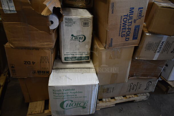 PALLET LOT of 35 BRAND NEW! Boxes Including 347RSG1 Choice 1 oz. Clear Plastic Shot Glass - 2500/Case, Lavex Multi-Fold Towels, GGC-023 Tuxton GGC-023 TuxTrendz Artisan Geode Coral 13 1/4" x 11" Oval China Platter - 12/Case, 5002CPTENAT Lavex 2-Ply Natural Kraft Center Pull Economy Paper Towel 510' Roll - 6/Case, 5002DNAP NAPKIN 15X16.53 2PLYWH 3M 5002DNAP CHOICE, 966TALLFLDN Choice Kraft Natural Tall-Fold 6" x 13" Dispenser Napkin - 8000/Case, Arcoroc Glasses, 3 Box Choice Black Hot Paper Cup Travel Lid with Hinged Tab for 10-24 oz. Standard Cups and 8 oz. Squat Cups - 1000/Case, HP1702623 Delfield 1702623 Gasket,Dr,400,Push-In, 105RR01084 Point Plus 3 1/4" x 243' Traditional Cash Register POS Paper Roll Tape - 48/Case, 433CARRIER4 Pulp Fiber 4 Cup Carrier - 300/Case. 35 Times Your Bid! - Image 3 of 7