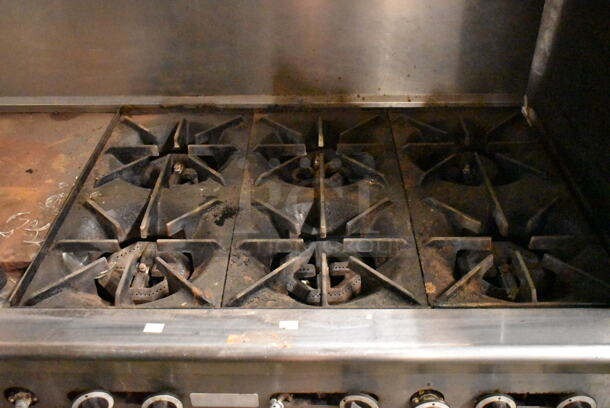 Garland PS-24G-6-2628 Stainless Steel Commercial Natural Gas Powered 6 Burner Range w/ Left Side Flat Top, 2 Ovens, Over Shelf and Back Splash.  - Image 5 of 11