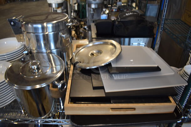 ALL ONE MONEY! Lot of 3 Tiers Worth of Various Items Including BRAND NEW Boral Coffee Cup Sets, Metal Chafing Dishes, Ceramic Pasta Plates, Poly Bins. Does Not Include Shelving Unit. - Image 6 of 8