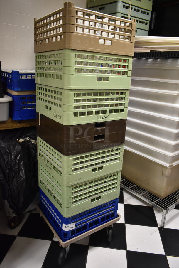 Metal Dolly on Commercial Casters w/ 7 Poly Dish Caddies and Contents. (ice room) - Image 1 of 3
