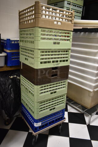 Metal Dolly on Commercial Casters w/ 7 Poly Dish Caddies and Contents. (ice room)