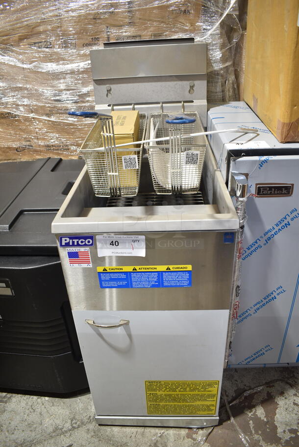BRAND NEW! 2021 Pitco Frialator 45C Stainless Steel Commercial Floor Style Natural Gas Powered Deep Fat Fryer w/ 2 Metal Fry Baskets. 122,000 BTU.  - Image 2 of 9