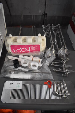 ALL ONE MONEY! Lot of Various Ice Cream Machine Parts Including Front Piece, 2 Augers, Drip Tray Grate, 4 Knobs and 3 Handles