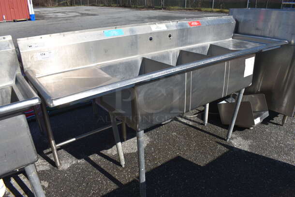 Stainless Steel Commercial 3 Bay Sink w/ Dual Drainboards. 84x24x44. Bays 16x20x12. Drain Boards 16x21x1