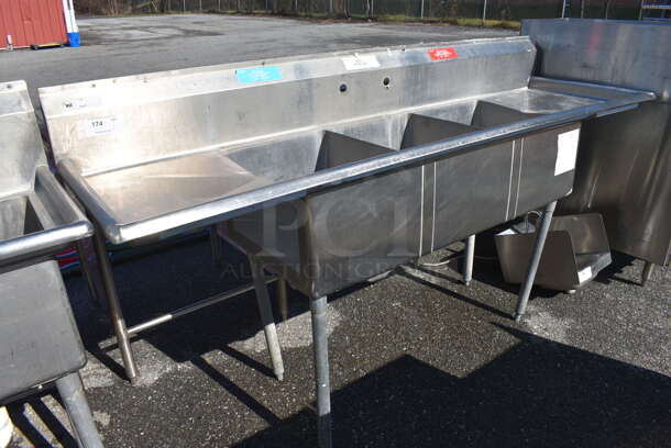 Stainless Steel Commercial 3 Bay Sink w/ Dual Drainboards. 84x24x44. Bays 16x20x12. Drain Boards 16x21x1 - Image 1 of 5