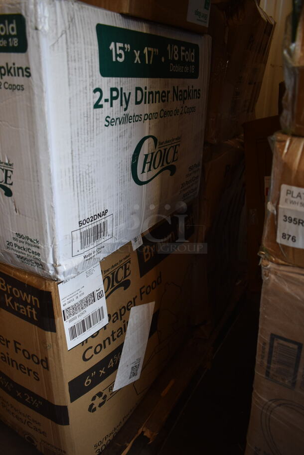 PALLET LOT of 40 BRAND NEW! Boxes Including 2 Box 795PTOKFT8 Choice Kraft Microwavable Folded Paper #8 Take-Out Container 6" x 4 5/8" x 2 1/2" - 300/Case, 795PTOWHT3 Choice 7 3/4" x 5 1/2" x 2 1/2" White Microwavable Folded Paper #3 Take-Out Container - 200/Case, 2 Box 129MCR16B Choice 16 oz. Black 6 1/4" Round Microwavable Heavy Weight Container with Lid - 150/Case, 2 Box 5002DNAP Choice White 2-Ply Dinner Napkin 17" x 15" - 3000/Case, 90MFPPHT3R Dart ProPlanet Hinged Trays, 129MCR32B Choice 32 oz. Black Round Microwavable Heavy Weight Container with Lid 7 1/4" - 150/Case, 105GC47972 Choice 2 Part Green and White Carbonless Guest Check with Beverage Lines and Bottom Guest Receipt - 2000/Case, 2 Box Ghiradrdelli White Chocolate Flavored Sauce, Noble Medium Gloves, 128HD16COMBO ChoiceHD 16 oz. Microwavable Translucent Plastic Deli Container and Lid Combo Pack - 240/Case, T-Shirt Bags, GS18 American Metalcraft GS18 18" Round Wrought Iron Griddle with Matching Stand, Choice 16 oz Deli Container and Lid, 40313CDRSS Choice 13 Qt. Stainless Steel Colander with Base and Handles, Choice Insulated Foil Sandwich Sheets. 40 Times Your Bid! - Image 6 of 11