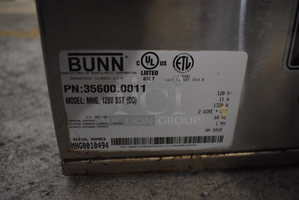 2010 Bunn MHG Stainless Steel Commercial Countertop 2 Hopper Coffee Bean Grinder w/ Metal Brew Basket. Missing Lids. See Pictures For Damage. 120 Volts, 1 Phase. Tested and Working! - Image 4 of 6