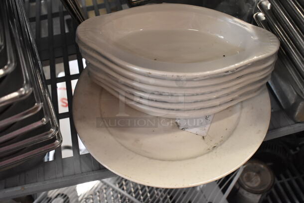 ALL ONE MONEY! Two Tier Lot of Various Items Including Stainless Steel Drop In Bins and Ceramic Dishes. Shelving Unit Not Included.  - Image 4 of 12