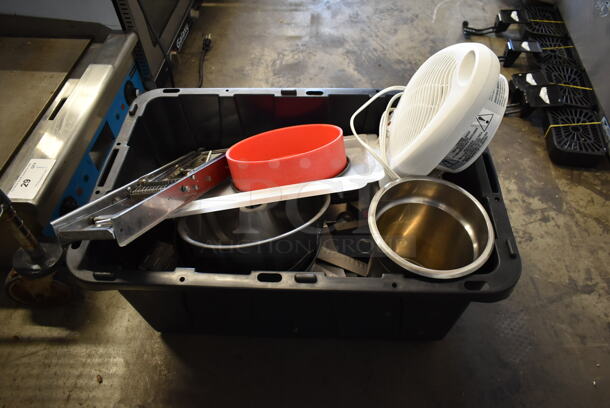 ALL ONE MONEY! Lot of Various Items Including Metal Bundt Cake Pans, Utensils, Mandolin Slicer, Fan in Black Poly Bin - Image 5 of 6