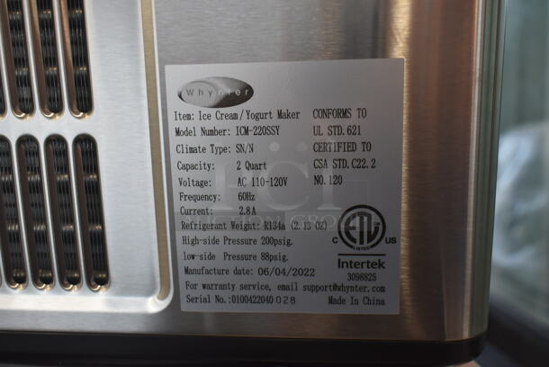 BRAND NEW SCRATCH AND DENT! Whynter ICM-220SSY 2 Quart Capacity Automatic Compressor Ice Cream Maker & Yogurt Incubator with Stainless Steel Bowl in Stainless Steel. 115 Volts, 1 Phase. Tested and Working! - Image 7 of 7