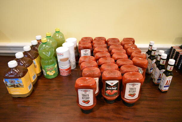 Wood Pattern Dining Height Table w/ Contents Including Ketchup, A1 Sauce, Lemon Juice. (main dining room) - Image 2 of 4
