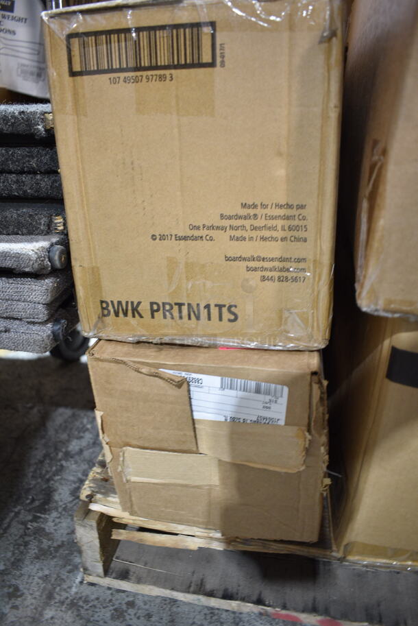 PALLET LOT of 24 BRAND NEW Boxes Including BWK PRTN1TS Boardwalk Portion Cups, 303BWNRP9 Acopa 9 5/8" Bright White Narrow Rim Stoneware Plate - 24/Case, 347RPBD10WHG Visions 10" White Plastic Plate with Gold Bands - 120/Case, 129MCR50B Choice 43 oz. Black Round Microwavable Heavy Weight Container with Lid 9" - 150/Case, 36921003 Carlisle 36921003 Trimline Black Slim Trash Can Dolly, 248WIPERCPDR Noble Products Disposable Center Pull Dry Wipe Refill - 180 Sheets per Roll - 6/Case, 129MCR24W Choice 24 oz. White 7 1/4" Round Microwavable Heavy Weight Container with Lid - 150/Case, 795PTOKFT4 Choice Kraft Microwavable Folded Paper #4 Take-Out Container 7 3/4" x 5 1/2" x 3 1/2" - 160/Case, 18218X5HD Berry AEP 1504454 18" x 5280' Heavy-Duty Miler Film with Serrated Blade, 50012W Choice 12 oz. White Poly Paper Hot Cup - 1000/Case, 16 fl oz PET Ring neck. 24 Times Your Bid! - Image 2 of 12