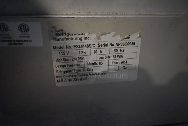 2014 Leader ESLM48S/C Stainless Steel Commercial Sandwich Salad Prep Table Bain Marie Mega Top on Commercial Casters. 115 Volts, 1 Phase. Tested and Powers On But Does Not Get Cold
 - Image 6 of 8