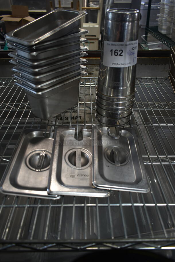 ALL ONE MONEY! Lot of 8 Stainless Steel 1/9 Size Drop In Bins, 3 1/9 Size Lids and 6 Metal Mixing Cups