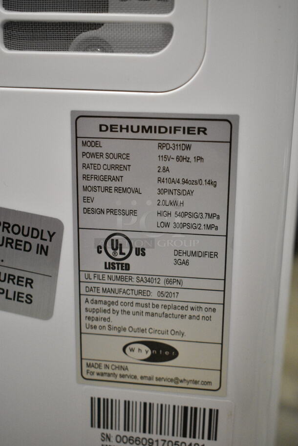 BRAND NEW SCRATCH AND DENT! Whynter RPD-311DW 30 Pint Dehumidifier. 115 Volts, 1 Phase. Tested and Working! - Image 6 of 6