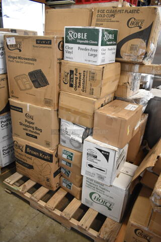 PALLET LOT of 25 BRAND NEW Boxes Including 500TO10103C3 Choice 10" x 10" x 3" Microwaveable 3-Compartment Black / Clear Plastic Hinged Container - 100/Case, 433BR141016C Choice 14" x 10" x 15 3/4" Natural Kraft Paper Customizable Shopping Bag with Handles - 200/Case, 795PTOKFT4 Choice Kraft Microwavable Folded Paper #4 Take-Out Container 7 7/8" x 5 1/2" x 3 1/2" - 160/Case, 4 Box 70204 Duro Husky Dubl Life 4 lb. Heavy Duty Brown Bag - 400/Bundle, 966TALLFLDN Choice Kraft Natural Tall-Fold 6" x 13" Dispenser Napkin - 8000/Case, 130HBKCUTTW Visions Individually Wrapped Black Heavy Weight Plastic Teaspoon - 1000/Case, 147RP10WH99 Visions Round Plates, 612LOB225LBC Choice 2.25 lb. Oblong Foil Take-Out Container with Board Lid - 250/Case, 394365L Noble Products Powder-Free Disposable Clear Vinyl Gloves for Foodservice - Large - 1000/Case, 600WS1548HD Regency 16 Gauge Stainless Steel 15" x 48" Heavy-Duty Solid Wall Shelf, 500CC9 Choice 9 oz. Clear PET Customizable Plastic Squat Cold Cup - 1000/Case, 21435CLRHPAM Cambro 35CLRHP150 H-Pan™ 1/3 Size Amber High Heat Plastic Colander Pan - 5" Deep, 500CC12 Choice Clear PET Customizable Plastic Cold Cup - 12 oz. - 1000/Case. 25 Times Your Bid!