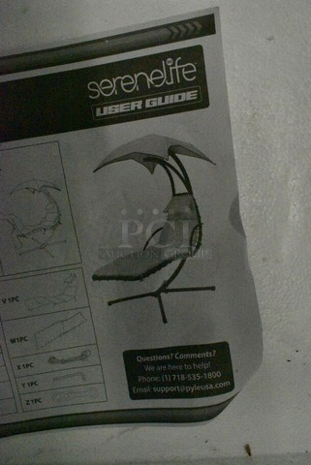 IN ORIGINAL BOX! SereneLife SLHNGCH44 Outdoor Hanging Curved Steel Chaise Lounge Swing Chair w/ Built-in Pillow and Removable Canopy - Image 3 of 4