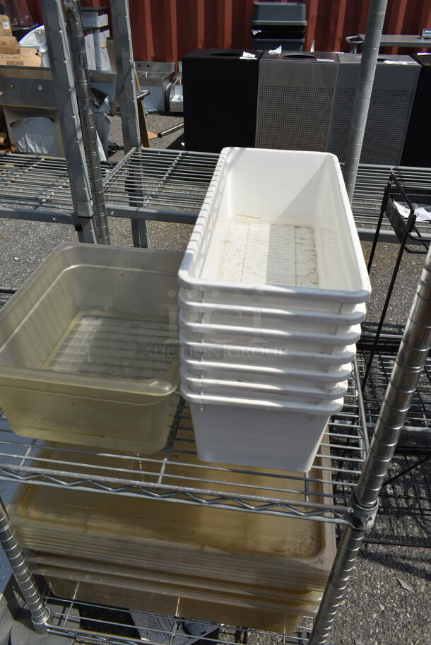 Chrome Finish 4 Tier Wire Shelving Unit on Commercial Casters w/ Contents Including White Poly Bins. BUYER MUST DISMANTLE. PCI CANNOT DISMANTLE FOR SHIPPING. PLEASE CONSIDER FREIGHT CHARGES. - Image 2 of 6