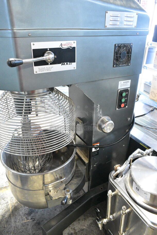Avantco MX60 Metal Commercial Floor Style 60 Quart Planetary Dough Mixer w/ Stainless Steel Mixing Bowl, Bowl Guard and Whisk Attachment. 240 Volts, 3 Phase.  - Image 6 of 7