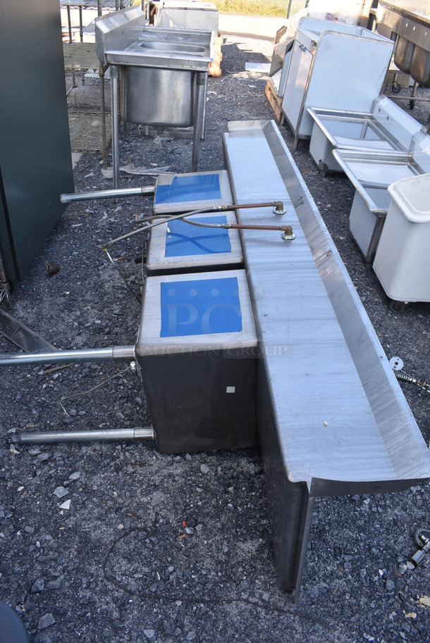 Stainless Steel Commercial 3 Bay Sink w/ Faucet, Handles, Spray Nozzle and Dual Drain Boards. Missing 1 Leg. 93x26x45. Bays 16x19x13. Drain Board 19x21x1 - Image 2 of 4