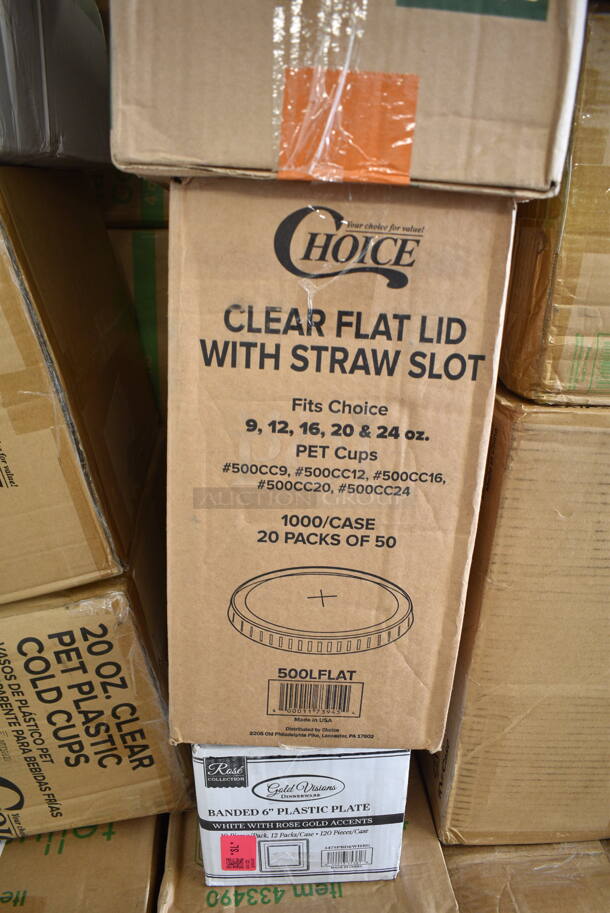 PALLET LOT of 26 BRAND NEW Boxes Including 795KFT4PL4 EcoChoice 4 oz. Round Kraft Bio-Lined Compostable Take-Out Container 3" x 1 13/16" - 1000/Case, 500TO883 Choice 8" x 8" x 3" Microwaveable 1-Compartment Black / Clear Plastic Hinged Container - 100/Case, 347SPBD6WHRG Visions 6" Square White Plastic Plate with Rose Gold / Copper Bands - 120/Case, 500LFLAT Choice Clear Flat Lid with Straw Slot - 9, 12, 16, 20, and 24 oz. - 1000/Case. 56744A Compact Toilet Paper Dispenser, 130BKSSPOONWX Choice Black Extra Heavy Weight Wrapped Plastic Soup Spoon - 1000/Case, 5008C Choice 8 oz. Tall Coffee Print Poly Paper Hot Cup - 1000/Case, 500CC20 Choice Clear PET Customizable Plastic Cold Cup - 20 oz. - 600/Case, 5002DNAP Choice White 2-Ply Dinner Napkin 17" x 15" - 3000/Case, 2 Box 795KFT4PLA EcoChoice 4 oz. Round Kraft Bio-Lined Compostable Take-Out Container 3" x 1 13/16" - 1000/Case, 433NHT006 Choice Extra Large Size Grey "Thank You" Medium-Duty Plastic T-Shirt Bag - 450/Case, 346WKFSNSPM Choice White Medium Weight Wrapped Plastic Cutlery Pack with Napkin and Salt / Pepper Packets - 500/Case, 2 Box Dispenser Napkins, 760IC08W Choice 8 oz. White Paper Frozen Yogurt / Food Cup - 1000/Case. 26 Times Your Bid! - Image 6 of 12
