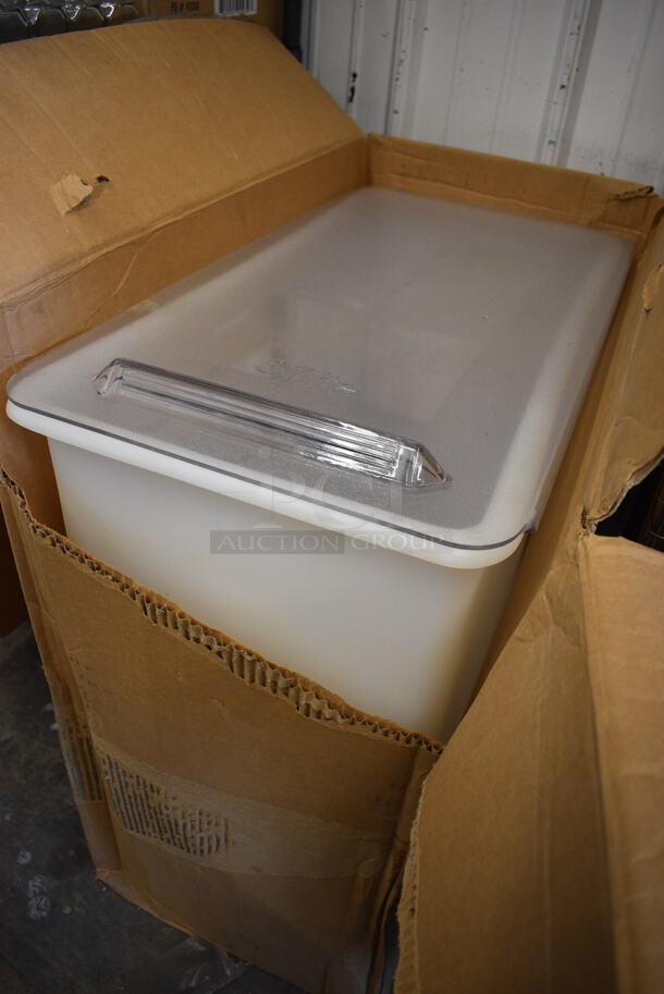 BRAND NEW IN BOX! SiLite White Poly Ingredient Bin w/ Clear Lid on Commercial Casters. 15x29x28.5 - Image 2 of 3