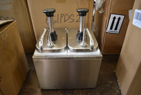 BRAND NEW! Servsense Stainless Steel Countertop Condiment Rail w/ 2 White Poly Drop Ins and 2 Pump Lids. 9.5x12x13