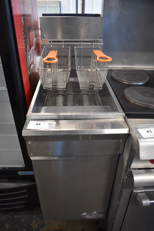 Dynamic Cooking Systems DCS Stainless Steel Commercial Natural Gas Powered Deep Fat Fryer w/ 2 Metal Fry Baskets. 16x34x49