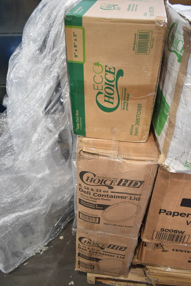 PALLET LOT of 21 BRAND NEW Boxes Including 395TO991 EcoChoice 9" x 9" x 3" Compostable Sugarcane / Bagasse 1 Compartment Take-Out Box - 200/Case, 2 Box 128HDLDBULK ChoiceHD Microwavable Translucent Plastic Deli Container Lid - 480/Case, 5008W Choice 8 oz. Tall White Poly Paper Hot Cup - 1000/Case, Choice 4 oz Portion Cups, Choice 16 oz Clear Shallow Hinged Deli Container, 5002CPTENAT Lavex 2-Ply Natural Kraft Center Pull Paper Towel 510' Roll - 6/Case, 245CB10PLN Choice 10" x 10" x 2" Kraft Customizable Corrugated Plain Pizza Box - 50/Case, 79516ESWHT Emperor's Select 16 oz. White Microwavable Paper Take-Out Container - 450/Case, 5 Box 600PSWT3048F Regency 30" x 48" Poly Table Top for 30" x 48" Poly Top Table without Backsplash. 21 Times Your Bid! - Image 3 of 8