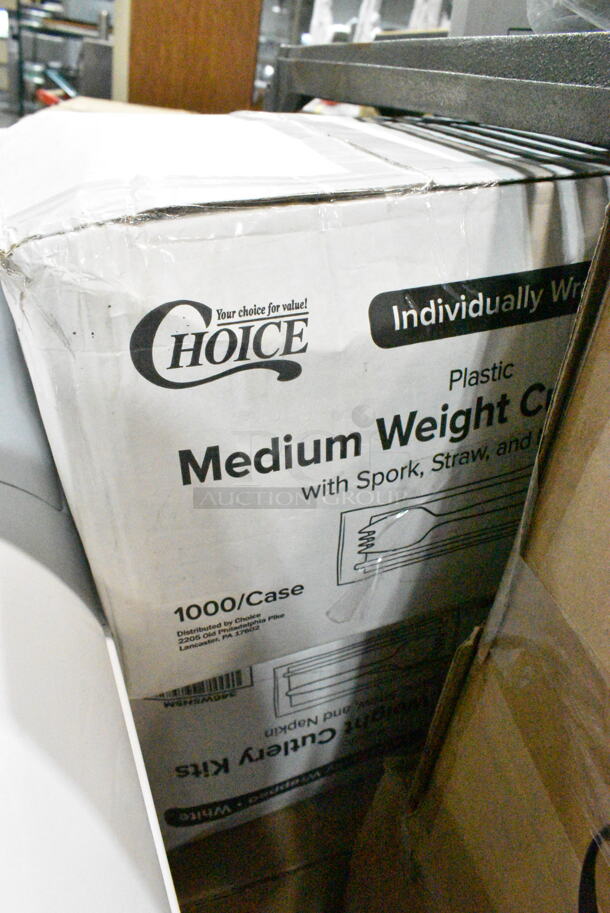 PALLET LOT of 32 BRAND NEW Boxes Including HP0008927200 Hobart 00-089272-00018 Stomper, 127CH12 Choice 12 oz. Clear RPET Tall Hinged Deli Container - 200/Case, 2 Box 346WSNSM Choice Medium Weight White Wrapped Plastic Spork, Straw, and Napkin Kit - 1000/Case, 43306HCUPC Choice 6-Cup High Dome Hinged OPS Plastic Cupcake / Muffin Container - 300/Case, 10" Corrugated Circles, 2 Box 500CC32THD Choice Heavy Duty 32 oz. Tall Heavy Weight Clear PET Plastic Cold Cup - 300/Case, 500TO993 Choice 9" x 9" x 3" Microwavable 1-Compartment Black / Clear Plastic Hinged Container - 100/Case, 433NHT001 Choice 1/6 Standard Size White Unprinted Standard-Duty Plastic T-Shirt Bag - 1000/Case, 500CFT Lavex White C-Fold Standard Weight Towel - 2400/Case, 500CC24 Choice Clear PET Customizable Plastic Cold Cup - 24 oz. - 600/Case, 130WBKFORKH Choice Black Heavy Weight Wrapped Plastic Fork - 1000/Case, 612FS4255HD Choice Half Size Heavy-Duty Foil Steam Table Pan Medium 2 3/16" Depth - 100/Case. 32 Times Your Bid!  - Image 2 of 12
